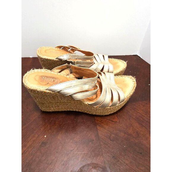 BORN Metallic Gold Leather Strappy Wedge Sandals Jute Espadrille Platform Size 8 - Picture 3 of 10